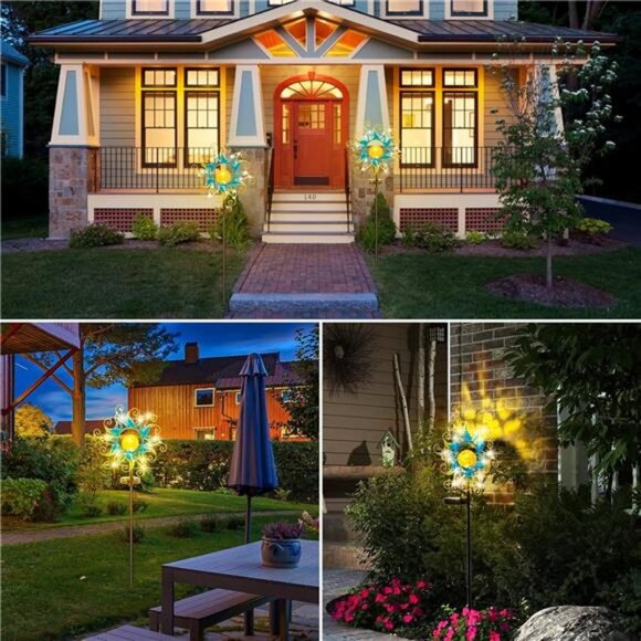 Blue Metal Sun Crackle Glass Globe Stake Waterproof 30LED Decorations - Picture 6 of 7